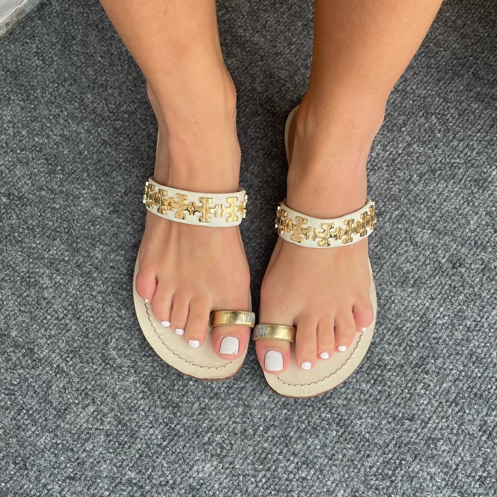 Tory Burch toe ring white and gold sandal